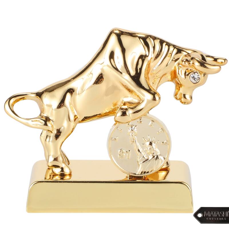 Matashi 24K Gold Plated Crystal Studded Ox/Bull Figurine with Coin Ornament