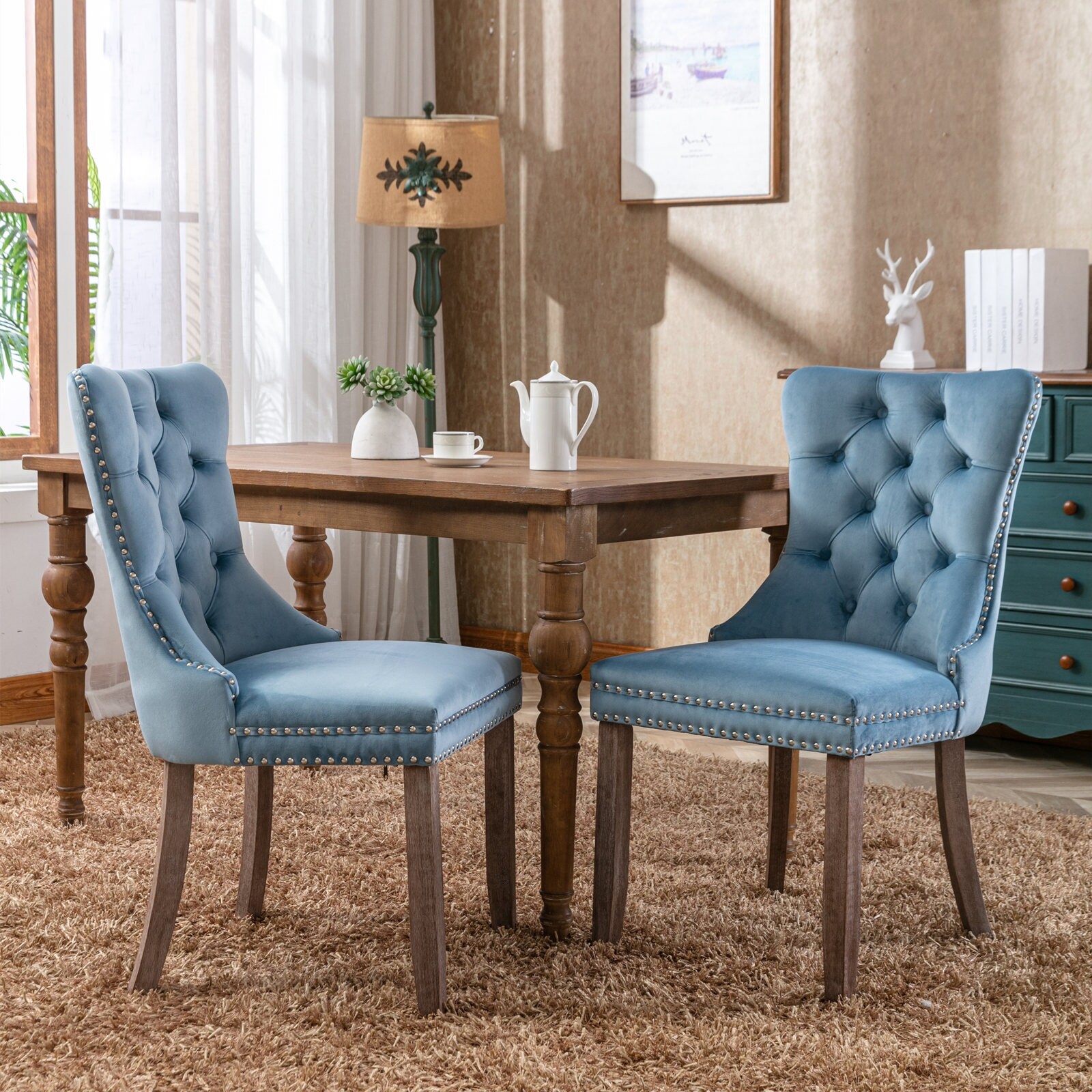Velvet Upholstered Dining Chair Set of 2 Modern High Back Side