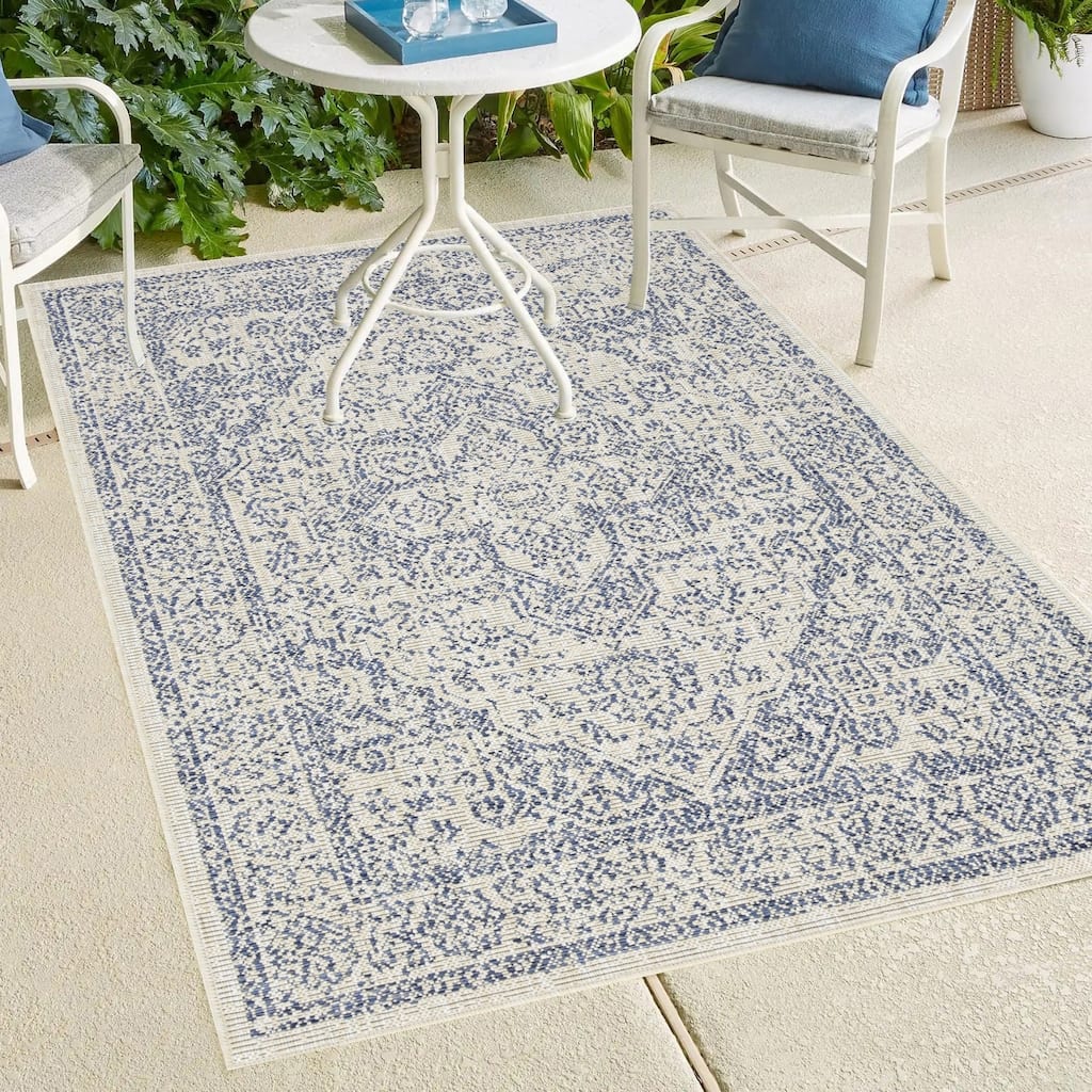 Indoor/Outdoor Area Rug/ Runner/ Doormat- Blue & Natural & Red & Taupe Color -Machine Washable, Weather and UV Resistant-Zaria
