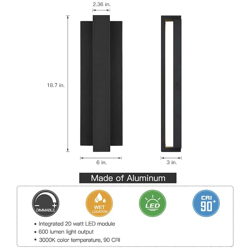 Black Modern/Contemporary LED Outdoor Wall Light Lantern Sconce-Wall Washer - 18.7" H