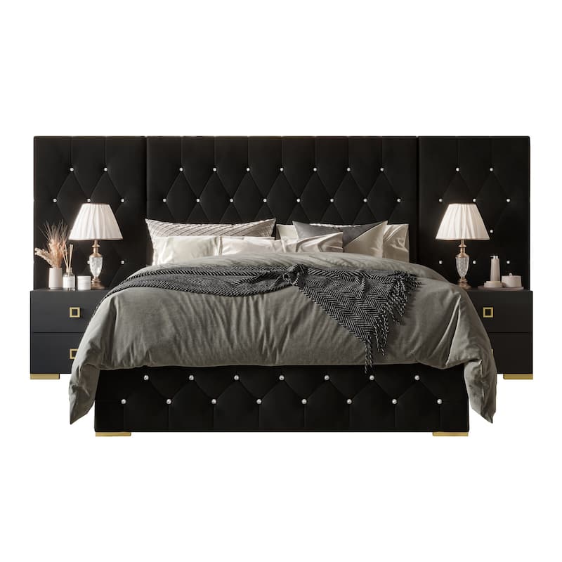 CraftPorch Luxurious Velvet Tufted Platform Bed with Wall Panels - Black - King