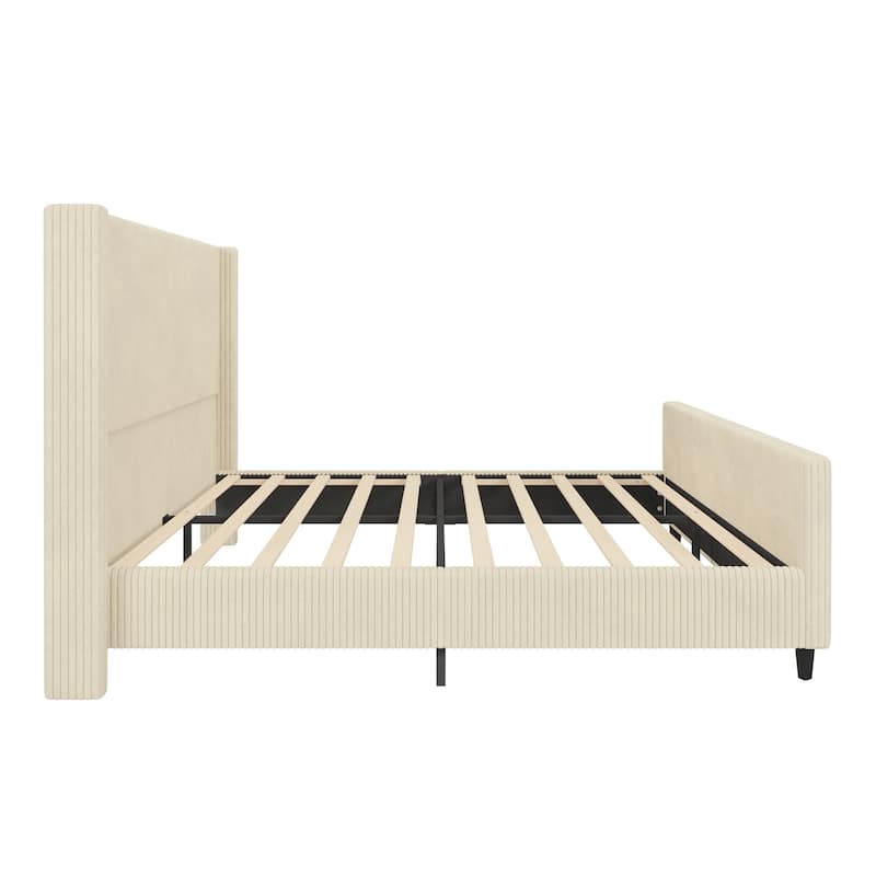 King Size Corduroy Upholstered Bed Frame with Wingback Headboard, Cream