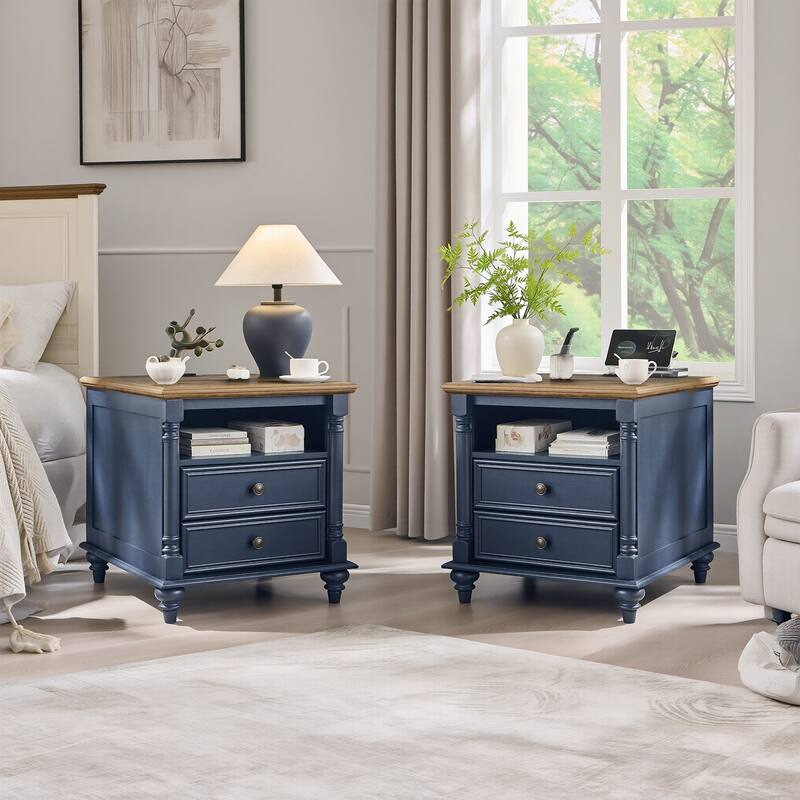 Farmhouse Nightstand Set of 2 with Solid Wood Feet, Charging Station - Rustic Oak Antique Blue