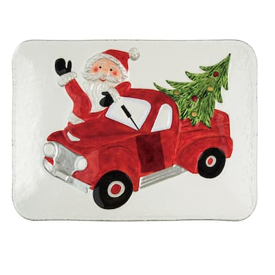 Transpac Glass 12 in. Multicolor Christmas Fused Nostalgic Santa Platter