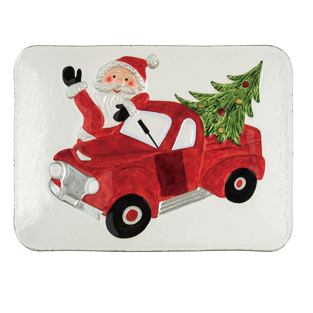 Transpac Glass 12 in. Multicolor Christmas Fused Nostalgic Santa Platter