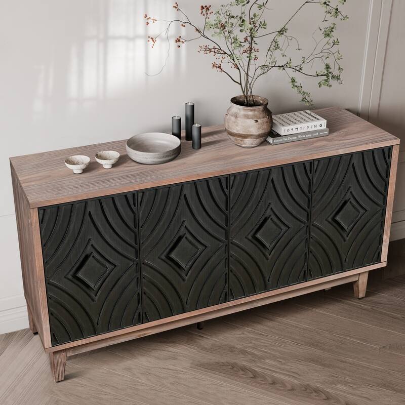 Mid Century Sideboard Buffet Cabinet With Solid Wood Legs 60" Kitchen Storage Cabinet Credenza