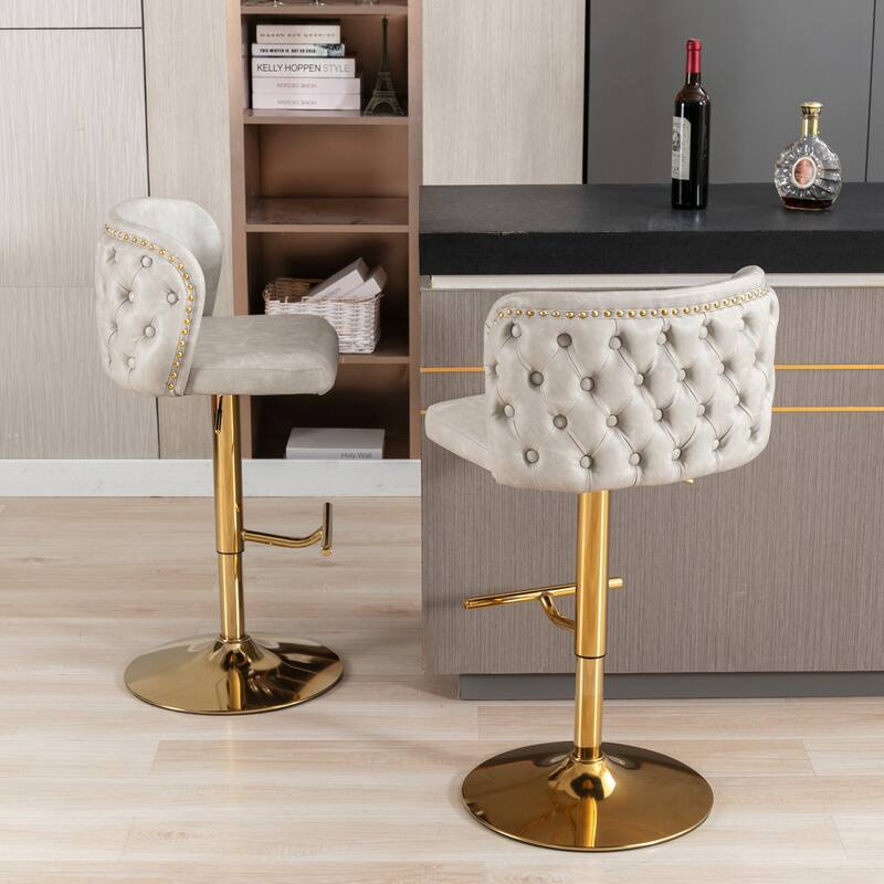 Modern Swivel Barstools, Tufted Back Upholstered Dining Chair, Leather High Bar Chair Adjustable Height, Set of 2