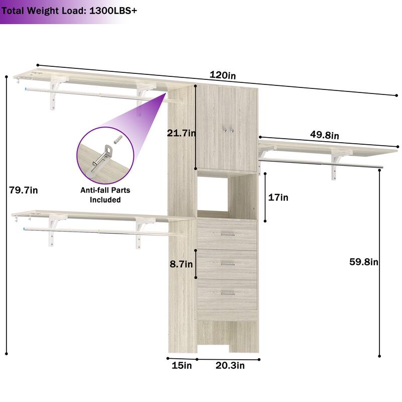 Rackcog 20.3'' - 120'' Large Closet Organizer with Doors, Closet System with Drawers and Hanging Rods (can be cut to fit)