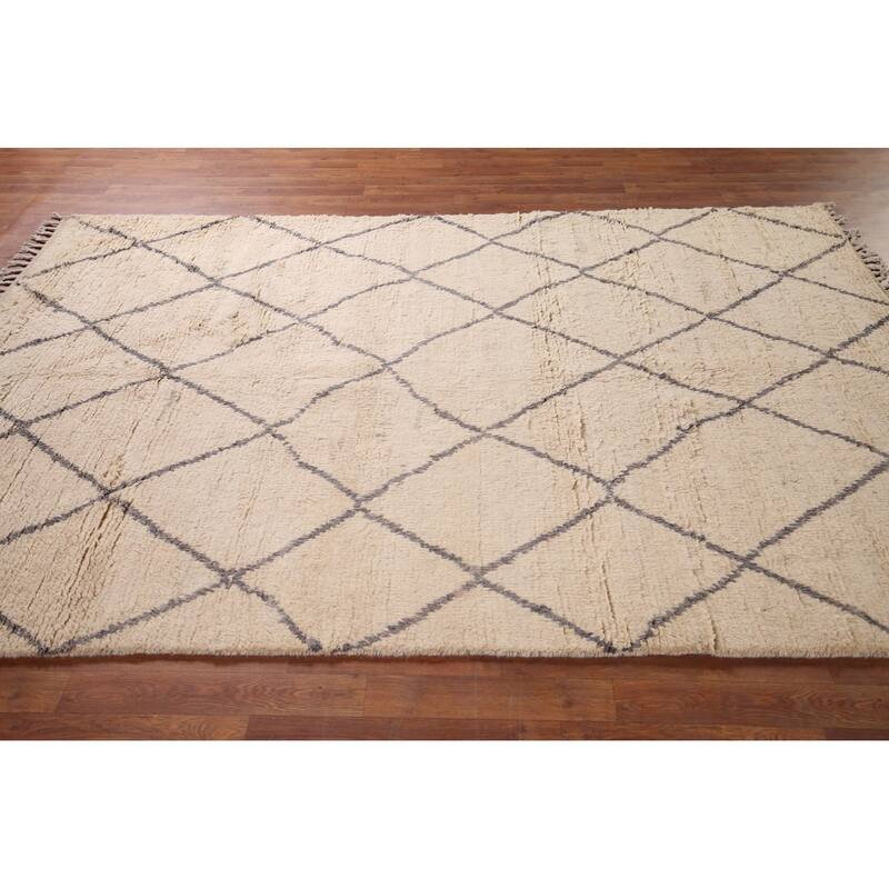 All-Over Trellis Moroccan Area Rug Handmade Wool Carpet - 5'10" x 9'0"