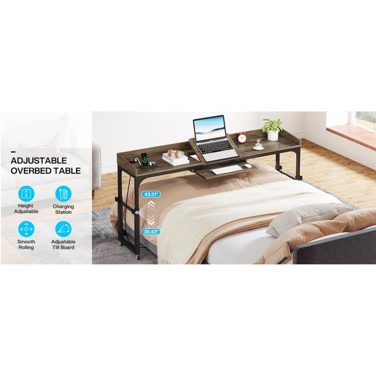 35.4" to 43.3" Height Adjustable Overbed Table with Wheels, 70.8" Queen Size Mobile Laptop Desk, Built-in Outlets & USB Ports
