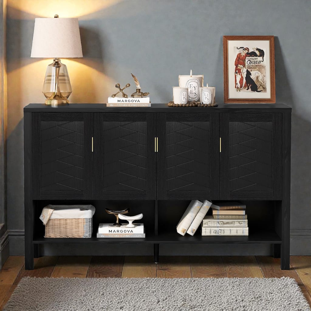 55.1" Modern Sideboard Buffet Cabinet with 4 Doors, Open Shelf, Adjustable Shelves & Side Hooks for Living Room or Dining