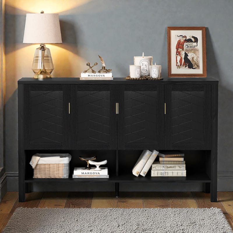 55.1" Modern Sideboard Buffet Cabinet with 4 Doors, Open Shelf, Adjustable Shelves & Side Hooks for Living Room or Dining - Black
