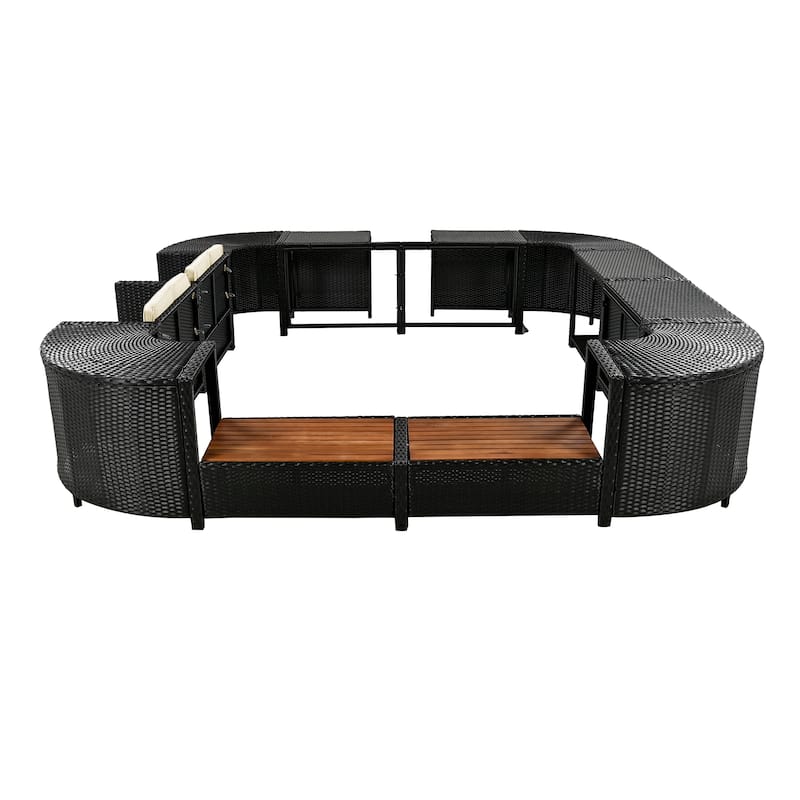 Outdoor Patio Rattan Spa Surround Frame Sofa Set with Storage Spaces and Wooden Bench