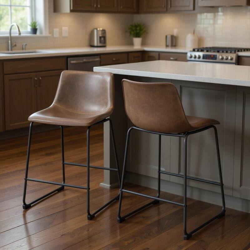 HomeRoots Set of Two 24" Espresso and Black Faux Leather and Steel Counter Height Bar Chairs - Counter Height - Espresso - Set of 2