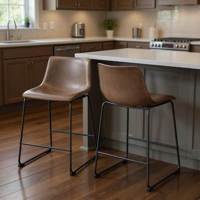 HomeRoots Set of Two 24" Espresso and Black Faux Leather and Steel Counter Height Bar Chairs