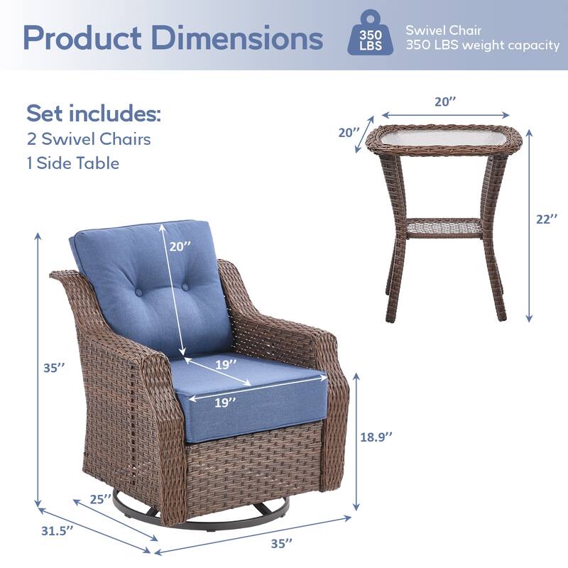 3 Pieces Swivel Chairs with Side Table - Blue Cushion - Brown