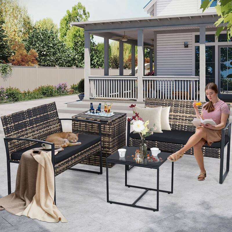 4-Piece Wicker Outdoor Sofa Set, 2 Loveseats, 1 Table, 1 Ice Bucket