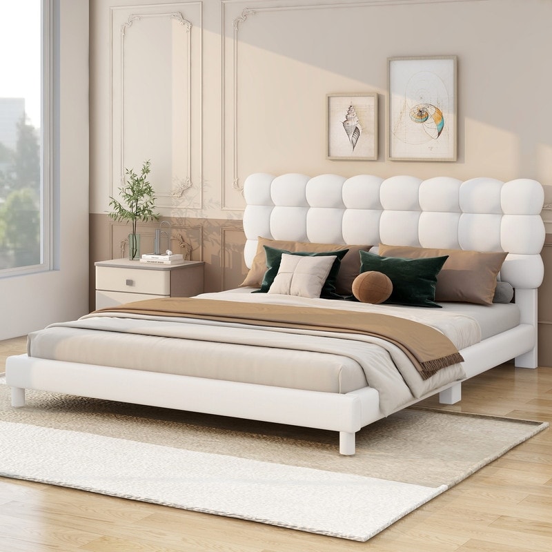 Modern Full Size Soft Platform Bed with Upholstered Headboard Neutral Velvet Fabric