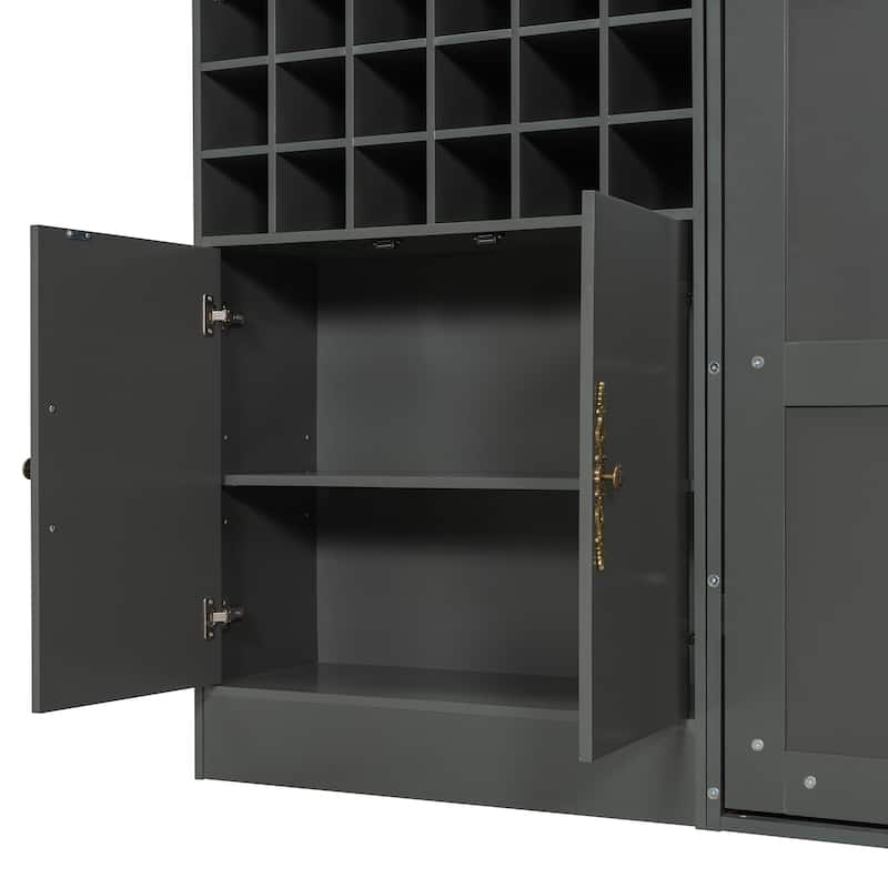 Multifunctional Full Size Murphy Bed Storage Wall Bed with Sofa, USB, Glass Door Cabinet, Wine Rack and Shelves, Foldable Design