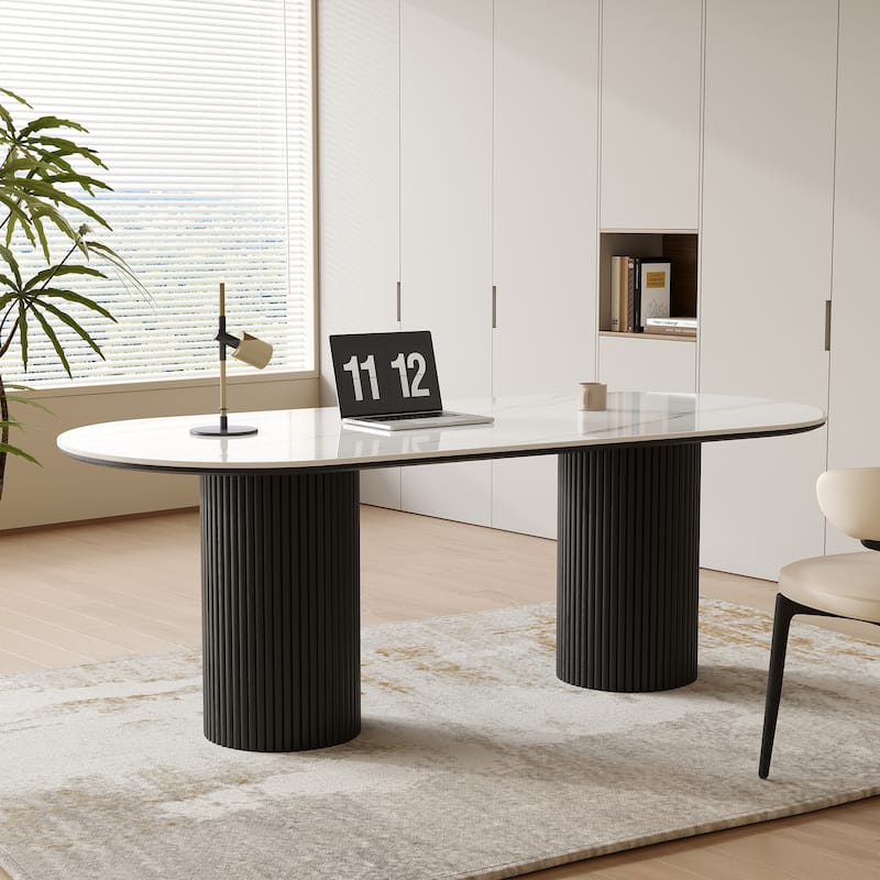 71" Modern Oval Writing Desk,Glossy White Office Table,with Double Solid Wood Legs, 3 Colors Optional - Black Legs