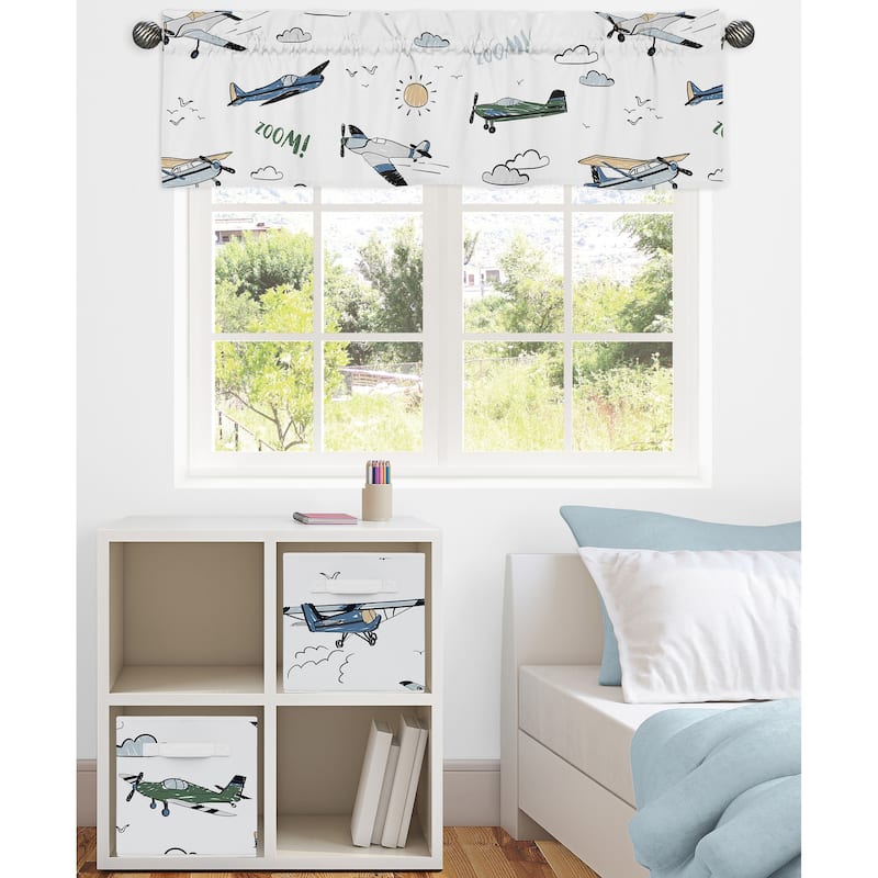 Sweet Jojo Designs Green Vintage Airplane Boy Window Curtain Valance - Airplanes Transportation Clouds Sun Sky Aviator Aviation