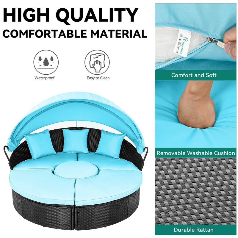 Moasis Patio Round Outdoor Daybed with Retractable Canopy Rattan Wicker Clamshell Furniture Seating