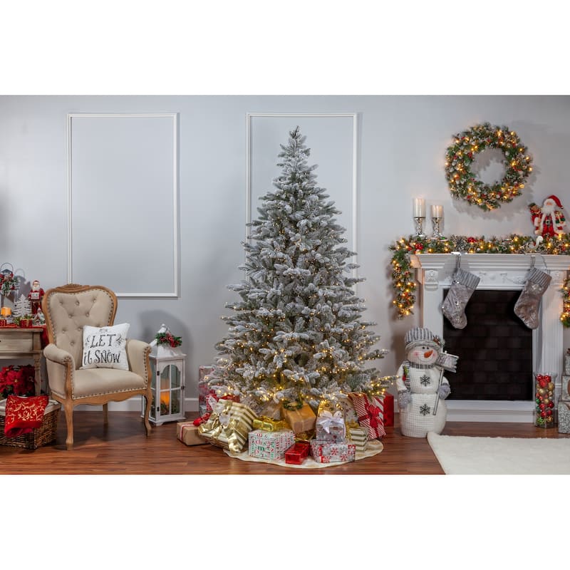 7.5 Foot High Flocked Pre Lit Natural Cut Redwood Pine Tree - N/A