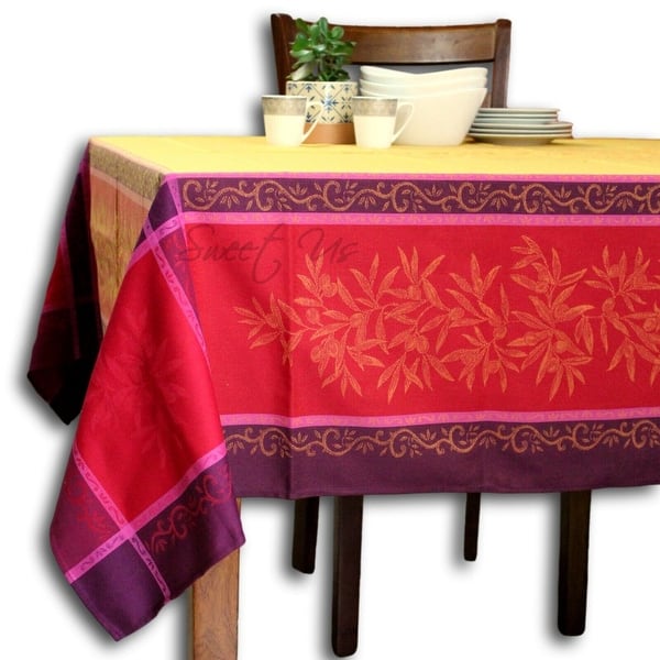 slide 2 of 6, Wipeable Spill Resistant French Cotton Olive Jacquard Tablecloth 63 x 136 in - Yellow