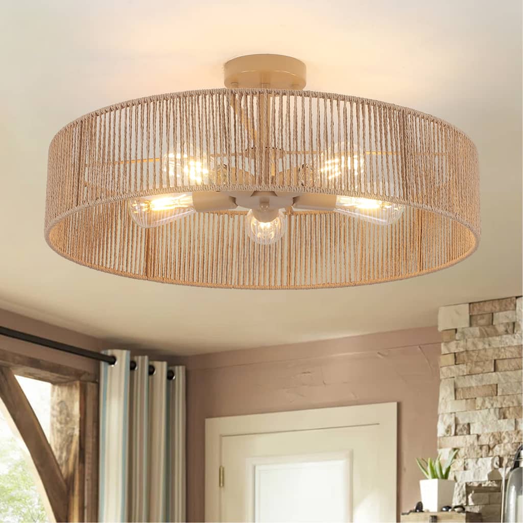 5-Light Rattan Semi Flush Mount Light - Walnut