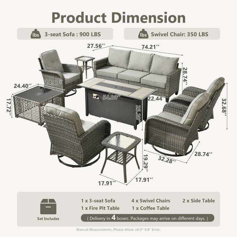 HOOOWOOO 9-piece Outdoor Seating Sofa Patio Swivel Chair Fire Pit Set