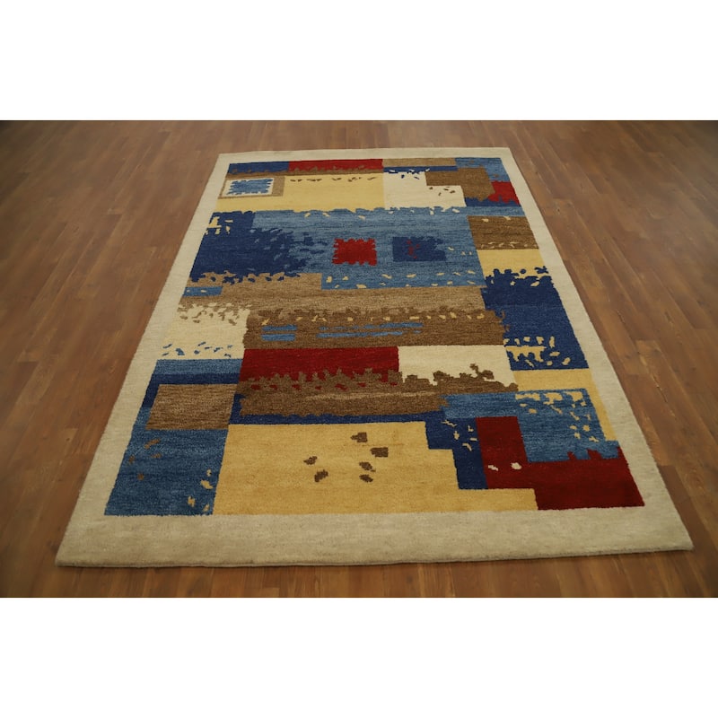 Hand Knotted Oriental 100% Wool Carpet Modern Geometric Multi-Colored Gabbeh Area Rug - 7' 8'' X 5' 3''