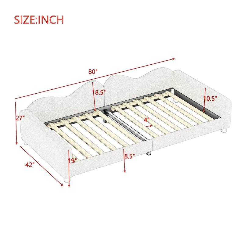 Twin size Upholstered Daybed, Sherpa Fabric Sofabed with Cloud-Shaped Backrest, No Box-spring Needed