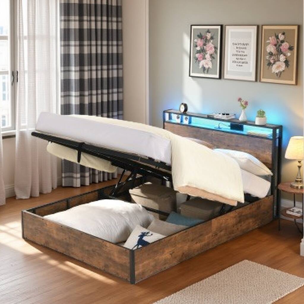Queen Storage Bed with Lift-Up Platform, LED Headboard with USB & Type-C Ports, Rustic Wood Frame with Bookcase Shelf