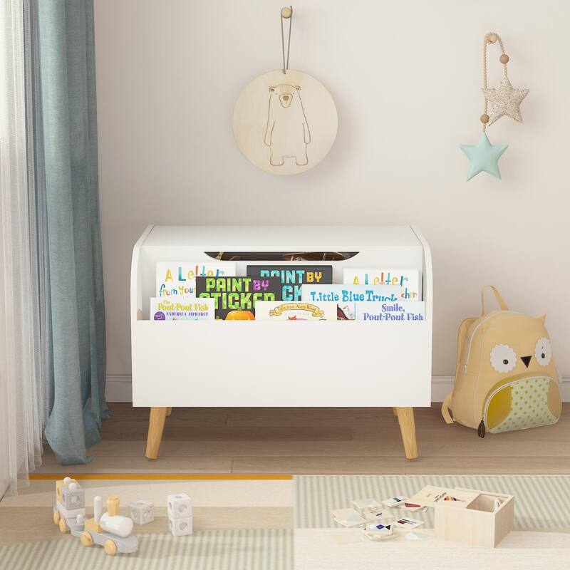 Wooden Toy Box, Kids Toy Storage Organizer with Front Bookshelf