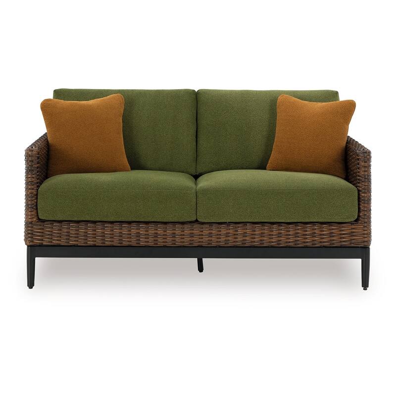 Izon Outdoor Loveseat, 2 Throw Pillows, Green, Brown Woven, 60 Inch