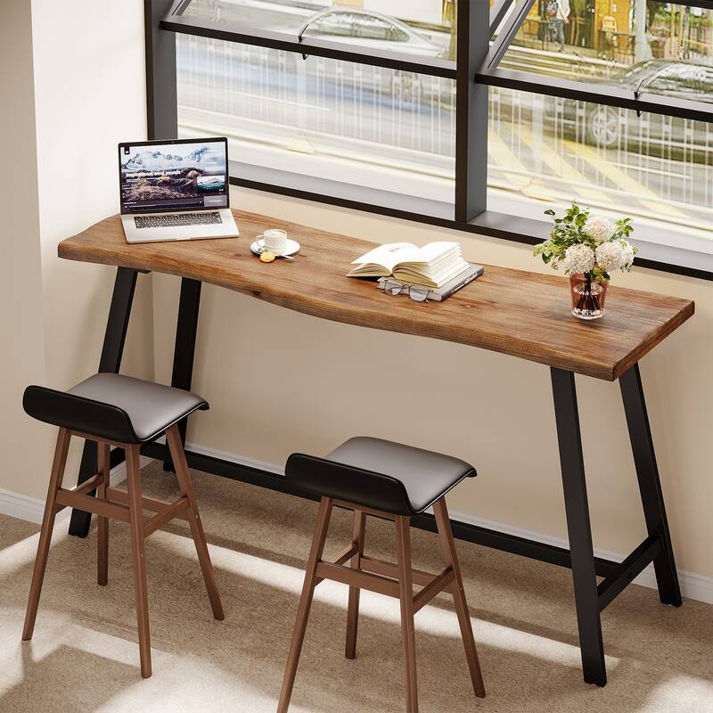 Solid Wood Bar Table, 55.1-Inch Counter Height Pub Table with Sturdy Metal Frame