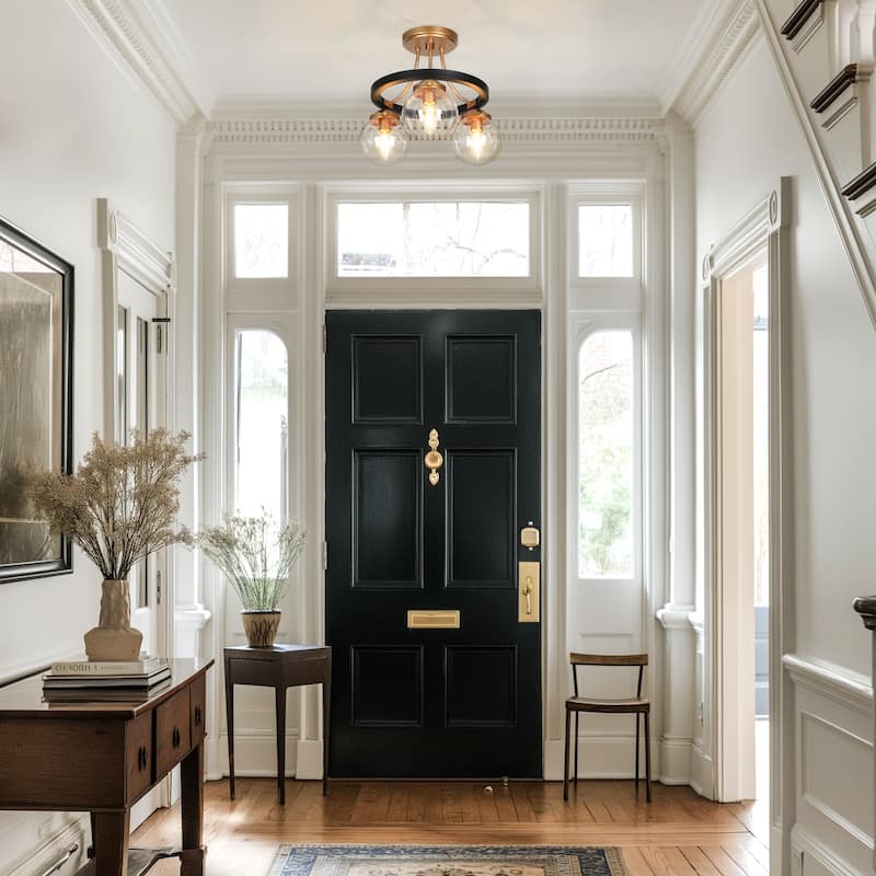 Modern Black Gold 3-Light Seeded Glass Semi-Flush Mount Ceiling Light for Kitchen