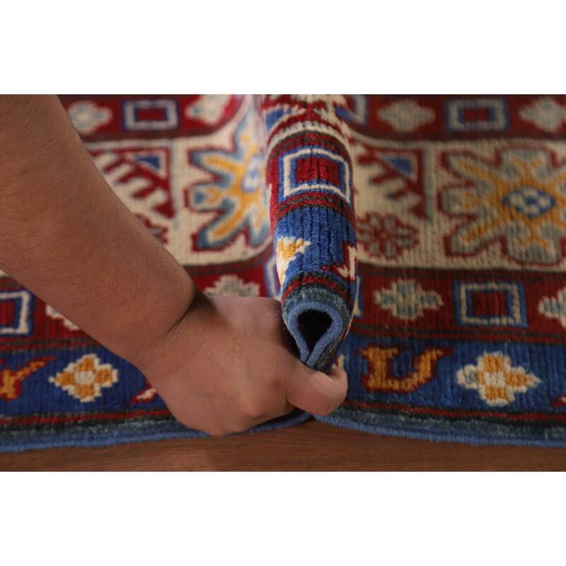 Hand Knotted Oriental 100% Wool Carpet Traditional Geometric Navy Blue & Blues Kazak Area Rug - 9' 8'' X 6' 7''