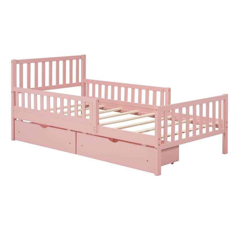 Wood Twin/Full Size Wood Platform Bed with Guardrails on Both Sides and Two Storage Drawers