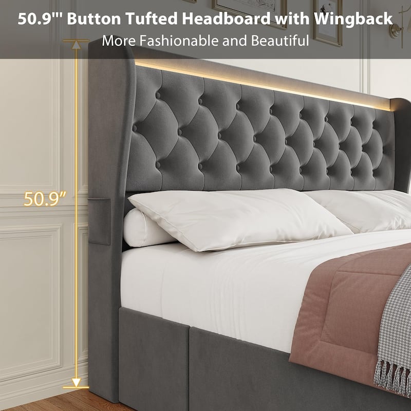 Velvet Upholstered Bed Frame with Wingback Headboard