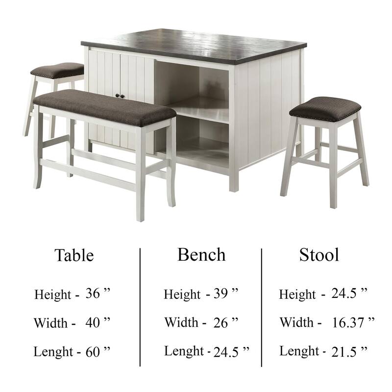 Begr 4pc Counter Height Kitchen Island Table, Bench, Stool Set, White