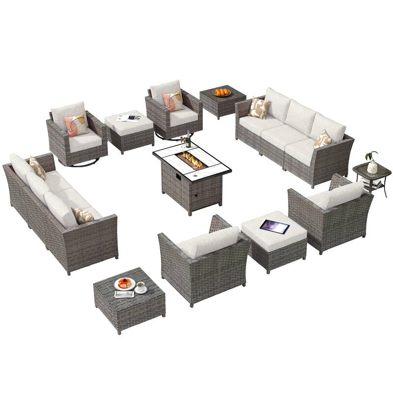 HOOOWOOO 16-piece Grey Rattan Outdoor Furniture Sectional Sofa Set Fire Pit Set with Swivel Chairs