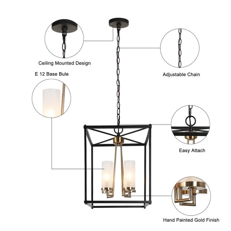 Modern Farmhouse Black Gold Geometric 4-Light Candle Pendants Chandelier for Kitchen Island
