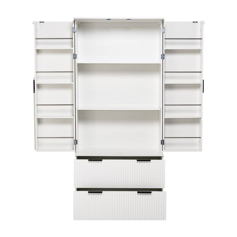 Farmhouse Kitchen Pantry Cabinet with 2 Deep Drawers & 8-Door Spice Rack - Storage Cupboard for Dining Room (72" Tall)