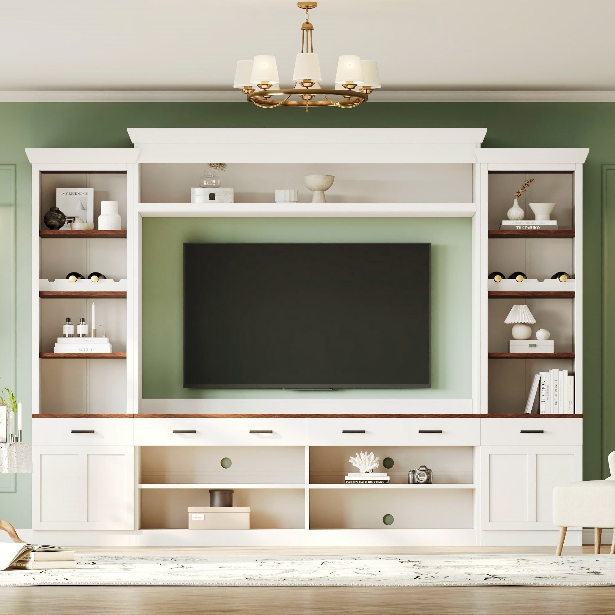 White 4-Piece Farmhouse Entertainment Center, 70" TV Stand With Adjustable Shelves, Bookshelf & Wine Rack.