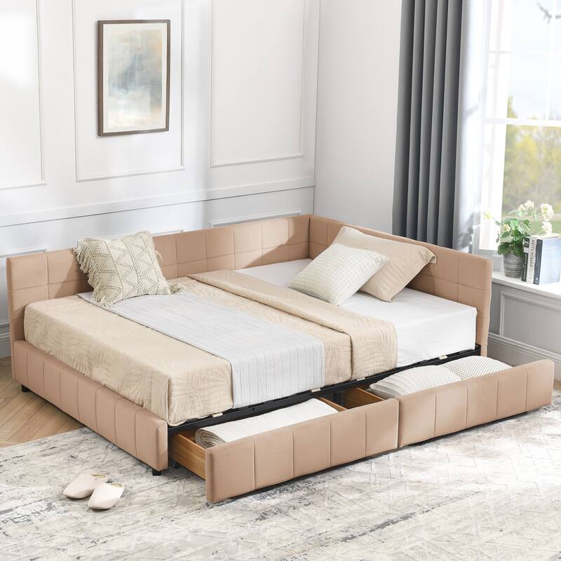 Mid-Century Full Size Daybed with Velvet Upholstery and Storage Drawers - Pink - Full