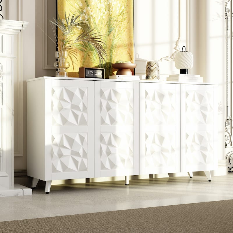 Geometric 4-Door Sideboard Buffet Cabinet with Adjustable Shelves, White Finish