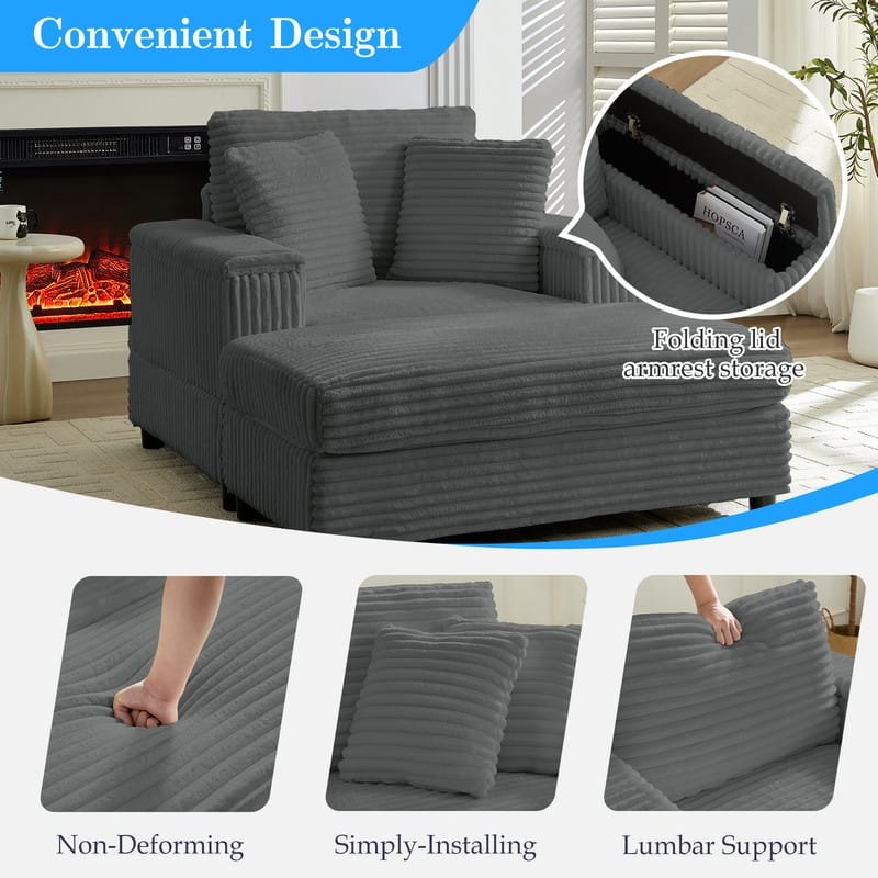 Mixoy 42‘’Corduroy Chaise Lounge Chair with Storage Ottoman&Armrests,Upholstered Sleeper Reclining Chair
