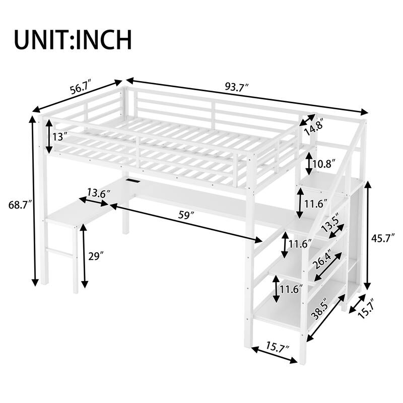 Roomfitters Full/Twin Size Metal Loft Bed with L-Shaped Desk, USB Ports, LED Lighting & Adjustable Shelves, White