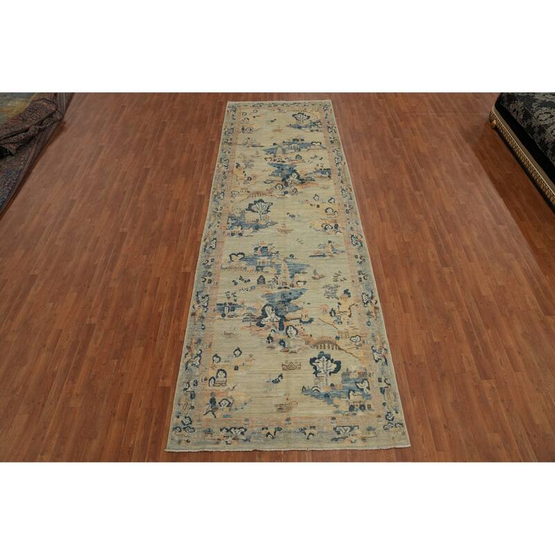 Hand Knotted Oriental 100% Wool Carpet Traditional Floral Multi-Colored Art Deco Runner Rug - 14' 3'' X 4' 8''
